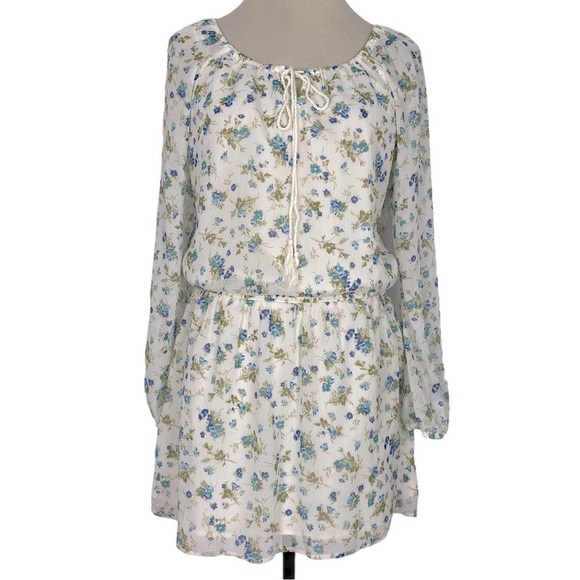 JESSICA SIMPSON • Blue Floral Print Sheer Long Sleeve Dress - Picture 1 of 14